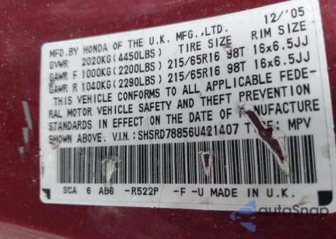 2006 Honda Cr-V Ex from USA, damaged, VIN SHSRD78856U421407